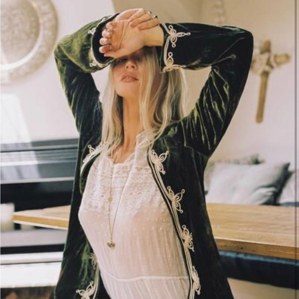 Green Velvet Jacket with White Embroidery